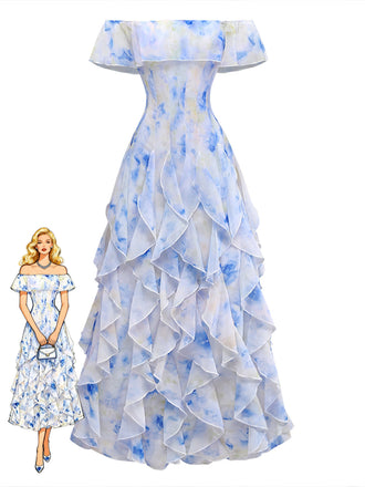 30er schulterfreies Maxikleid mit Blumen und Rüschen