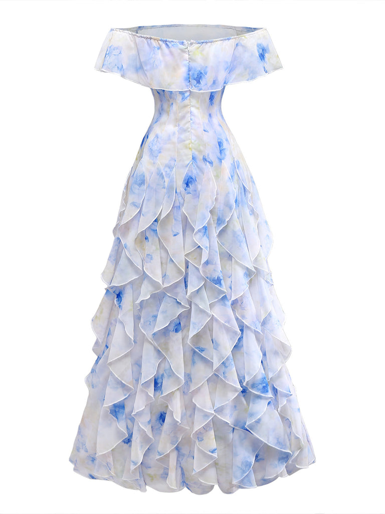 30er schulterfreies Maxikleid mit Blumen und Rüschen
