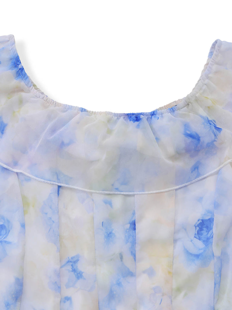 30er schulterfreies Maxikleid mit Blumen und Rüschen