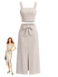 Khaki 40er Crop-Top & Schlitzrock-Set mit Streifen und Schleife