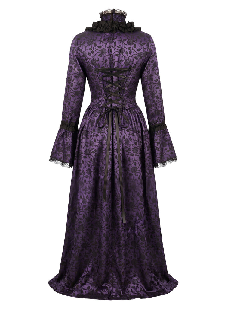 30er Gothic Maxikleid mit Blumen und Glockenärmeln