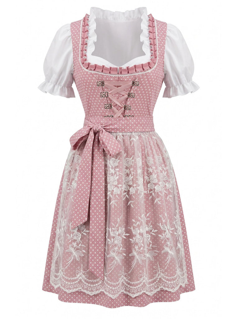 Rotes 50er Oktoberfest-Dirndl-Set mit Blumenmuster und Pufftop