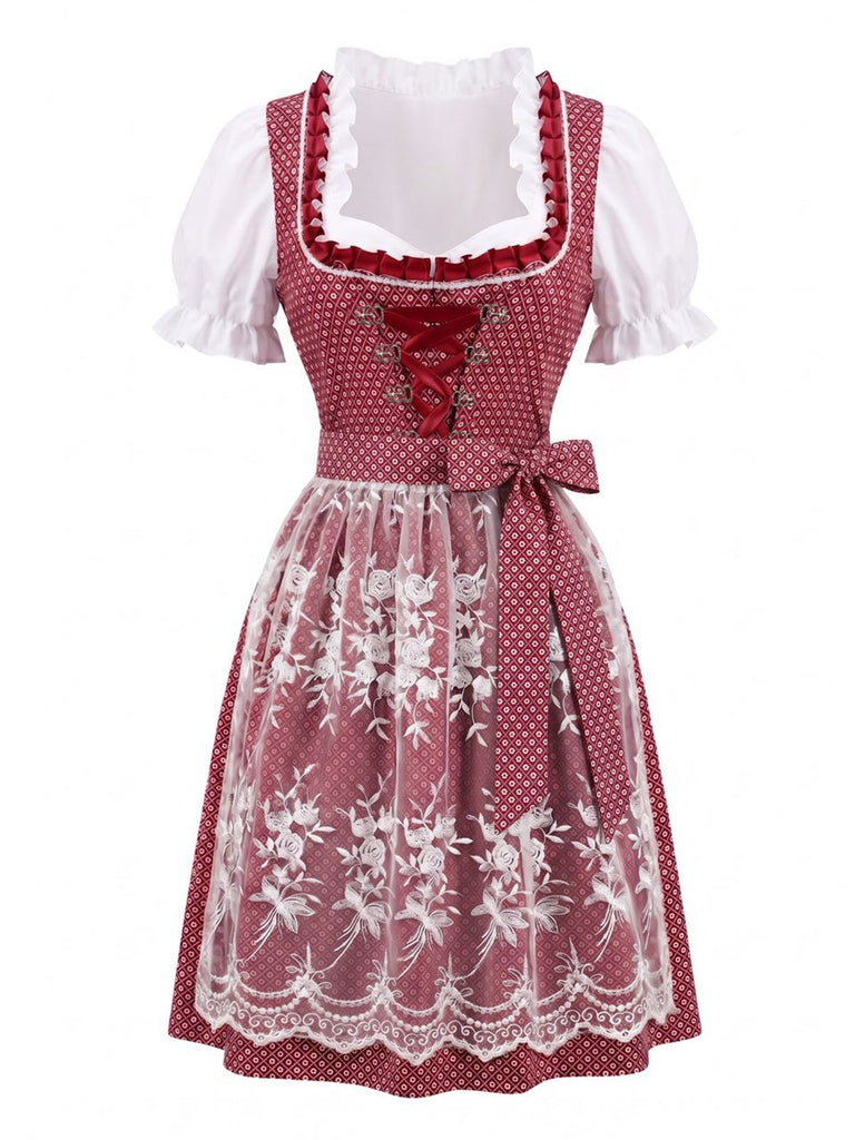 Rotes 50er Oktoberfest-Dirndl-Set mit Blumenmuster und Pufftop
