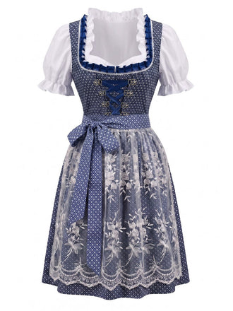 Blaues 50er Oktoberfest-Dirndl-Set mit Blumenmuster und Pufftop