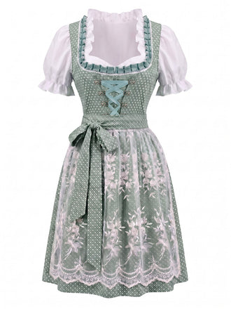 Grünes 50er Oktoberfest-Dirndl-Set mit Blumenmuster und Pufftop