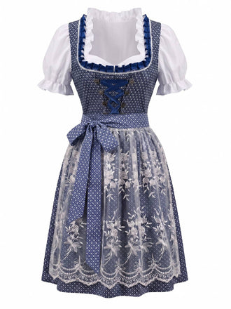 Blaues 50er Oktoberfest-Dirndl-Set mit Blumenmuster und Pufftop