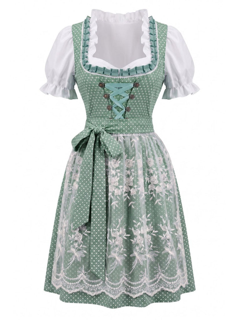 Blaues 50er Oktoberfest-Dirndl-Set mit Blumenmuster und Pufftop