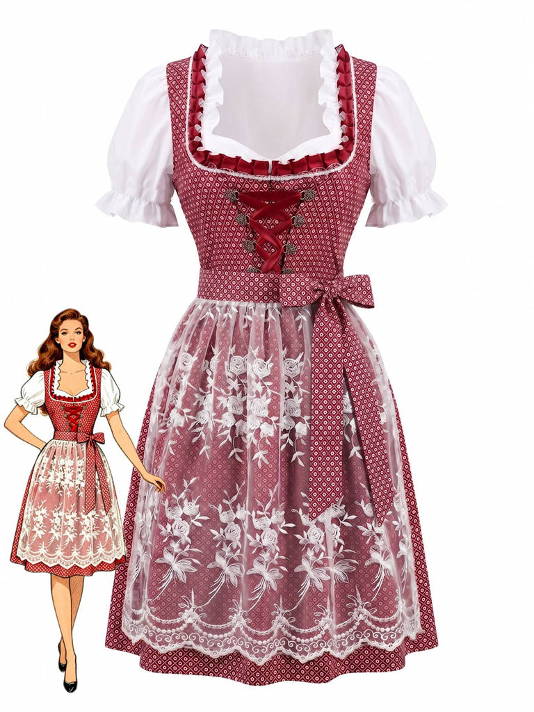 Blaues 50er Oktoberfest-Dirndl-Set mit Blumenmuster und Pufftop