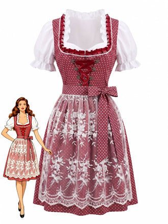 Rotes 50er Oktoberfest-Dirndl-Set mit Blumenmuster und Pufftop