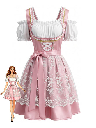 Rosa 50er Cold-Shoulder Kleid mit Stickerei und Puffärmel