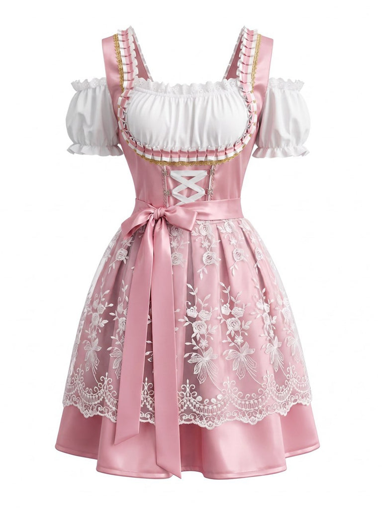 Rosa 50er Oktoberfest-Dirndlkleid mit Cold-Shoulder und Spitzenschürze
