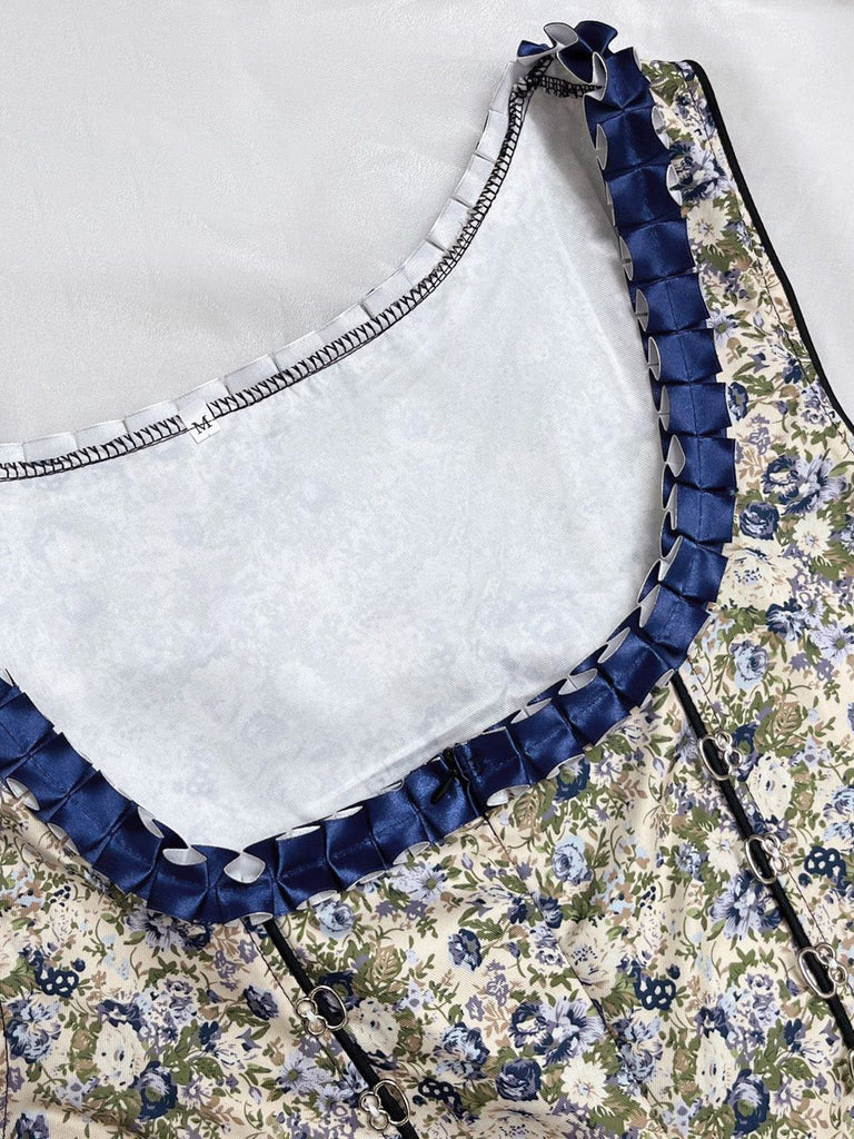 Blaues 50er 3PCS Kleid mit Pufftop und Blumen-Schürze