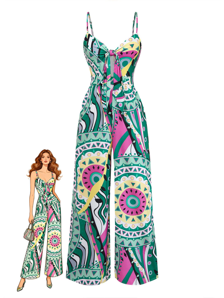 Grüner 30er Boho Jumpsuit mit Spaghettiträger und Geometrisch