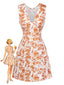 Orange 60er Kleid mit V-Ausschnitt und Blumen