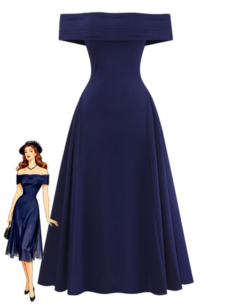 Blaues 50er schulterfreies Swingkleid mit Umklappen und Ausschnitt