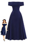 Tiefblaues 50er schulterfreies Swingkleid mit Umschlagkragen