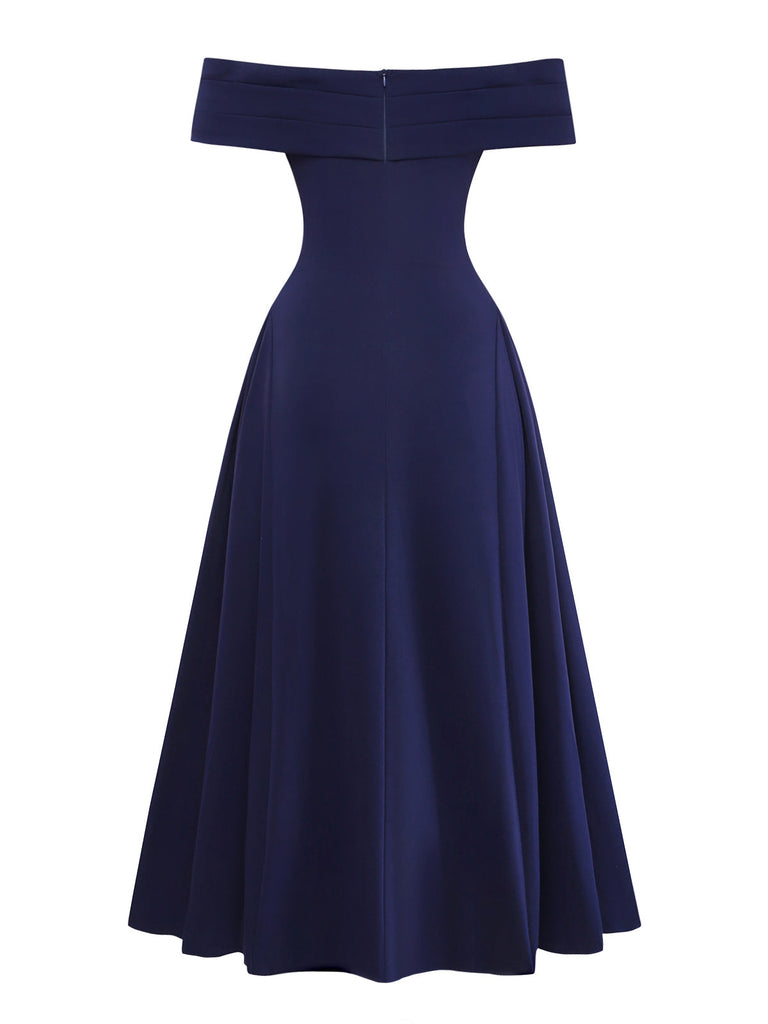 Blaues 50er schulterfreies Swingkleid mit Umklappen und Ausschnitt
