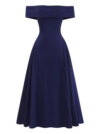 Blaues 50er schulterfreies Swingkleid mit Umklappen und Ausschnitt