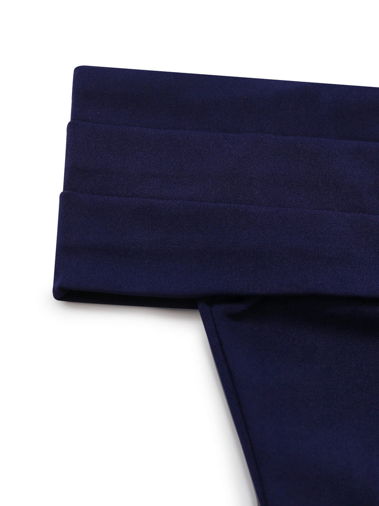 Blaues 50er schulterfreies Swingkleid mit Umklappen und Ausschnitt