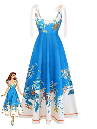 Blaues 70er Kleid mit Eckiger Ausschnitt und Blumen
