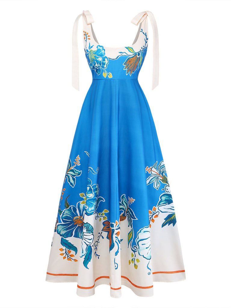 Blaues 70er Kleid mit Eckiger Ausschnitt und Blumen