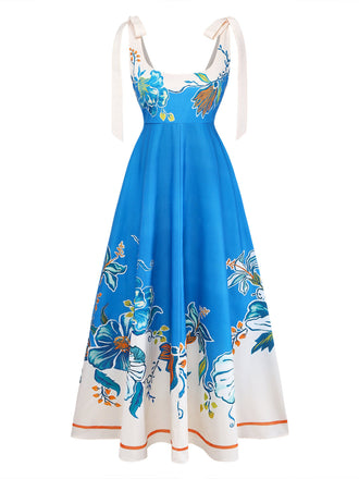Blaues 70er Kleid mit Eckiger Ausschnitt und Blumen