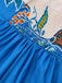 Blaues 70er Kleid mit Eckiger Ausschnitt und Blumen