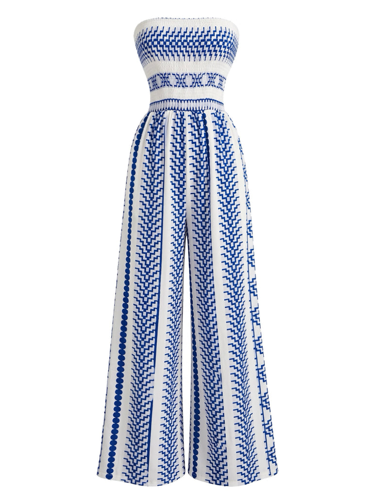 Blauer 70er trägerloser Jumpsuit mit geometrischem Print