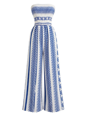 Blauer 70er trägerloser Jumpsuit mit geometrischem Print