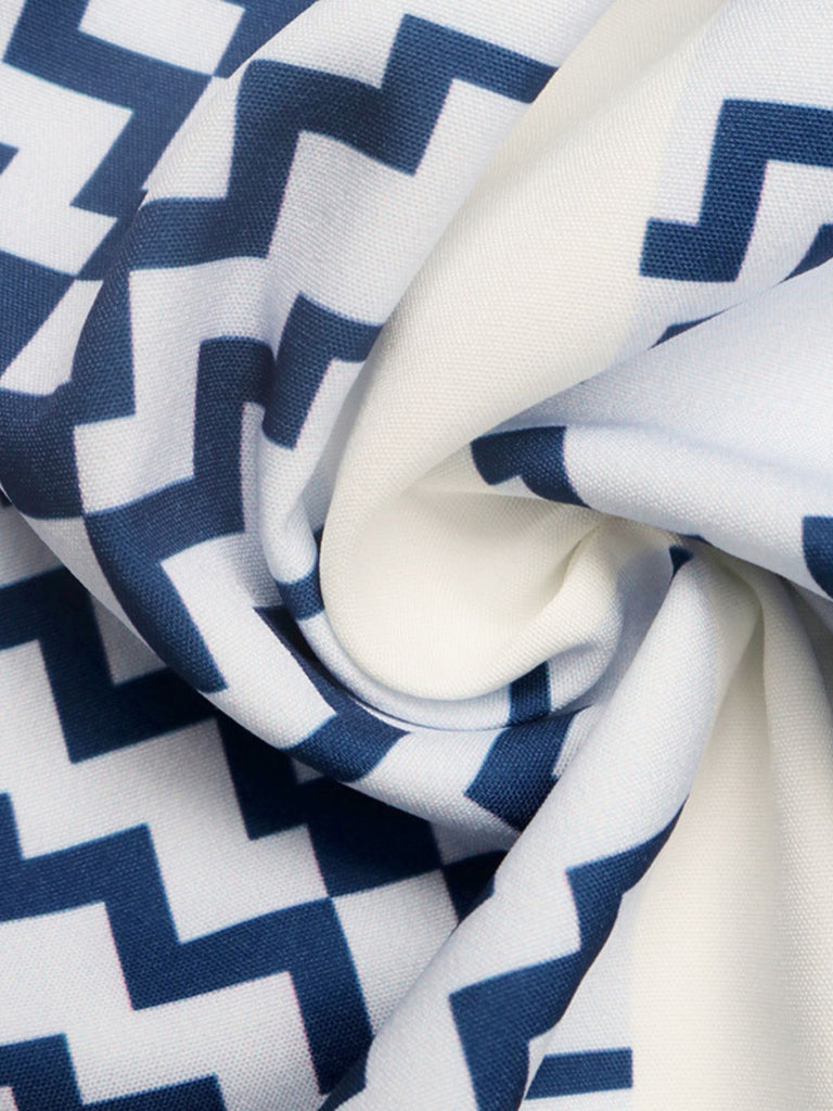 Blauer 70er trägerloser Jumpsuit mit geometrischem Print