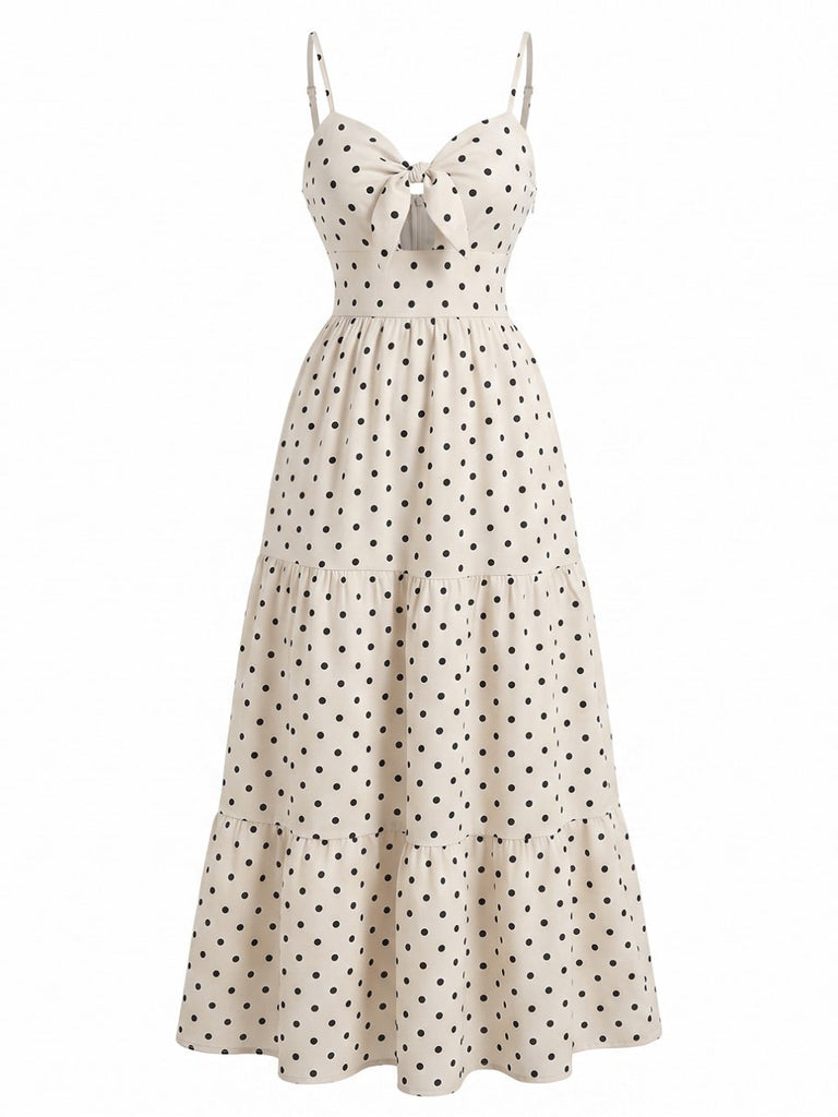 Beige 40er Kleid mit Polka-Dots und Schleife