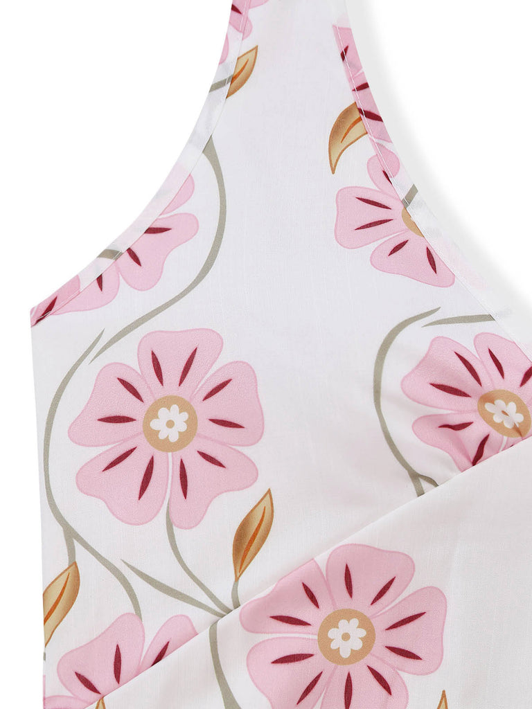 Rosa 60er Kleid mit Spaghettiträger und Blumen