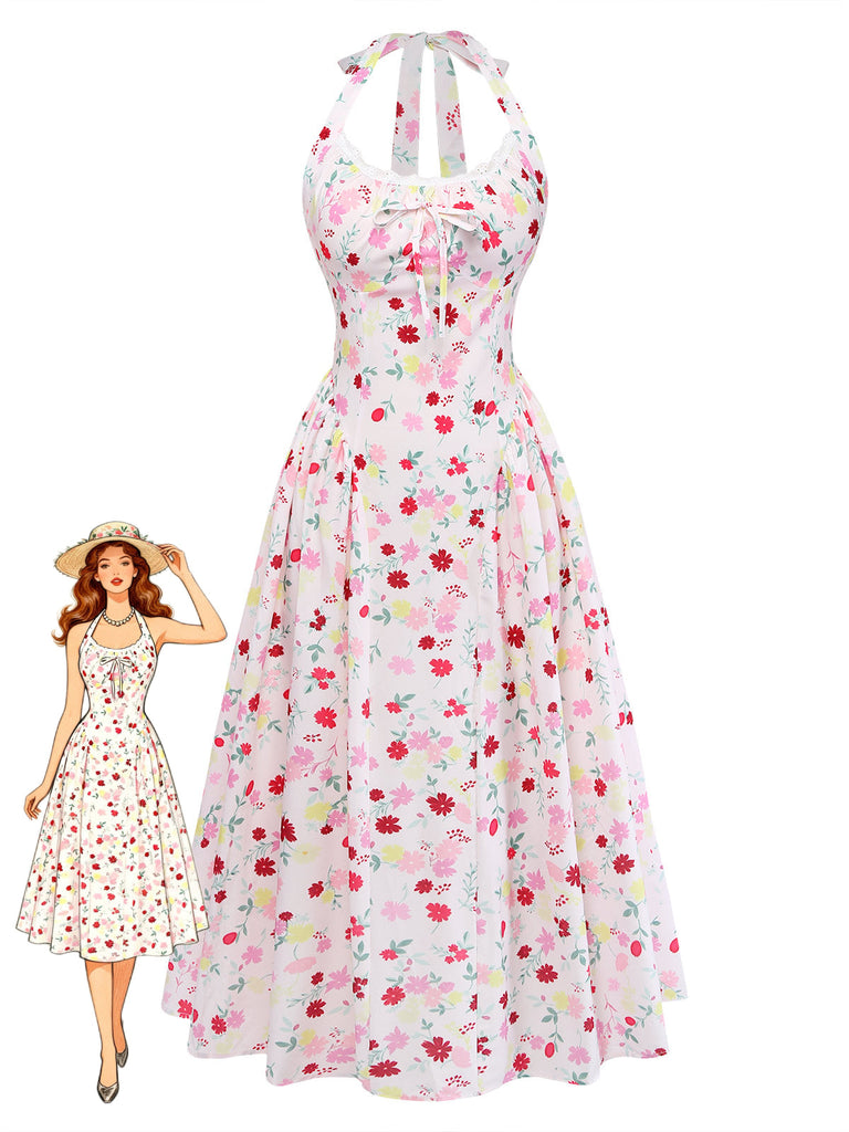 Weißes & Rosa 50er Midikleid mit Neckholder und Blumen