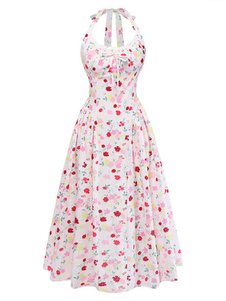 Weißes & Rosa 50er Midikleid mit Neckholder und Blumen