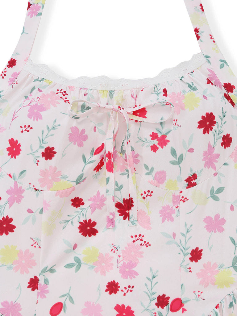 Weißes & Rosa 50er Midikleid mit Neckholder und Blumen