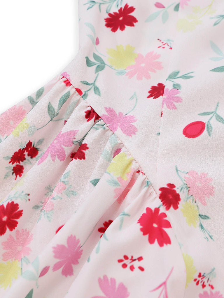 Weißes & Rosa 50er Midikleid mit Neckholder und Blumen