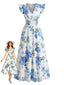 Blaues 40er Kleid mit Rosen und Rüschenärmeln