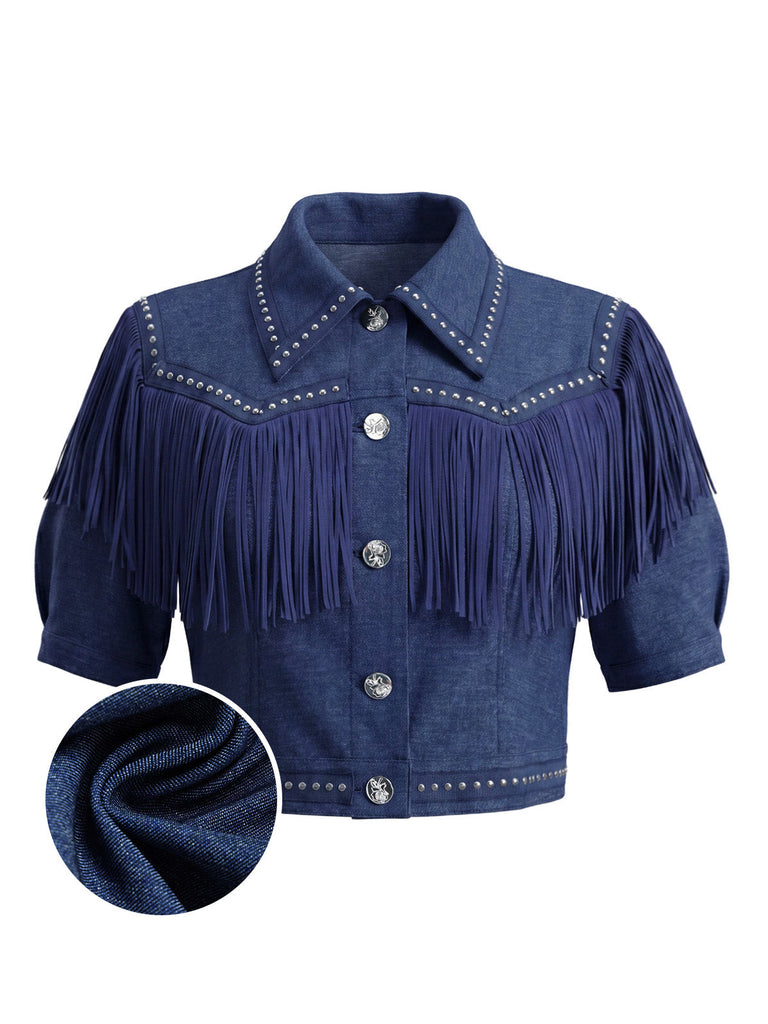 Marineblaue 60er Jeans-Jacke mit Fransen und Nieten