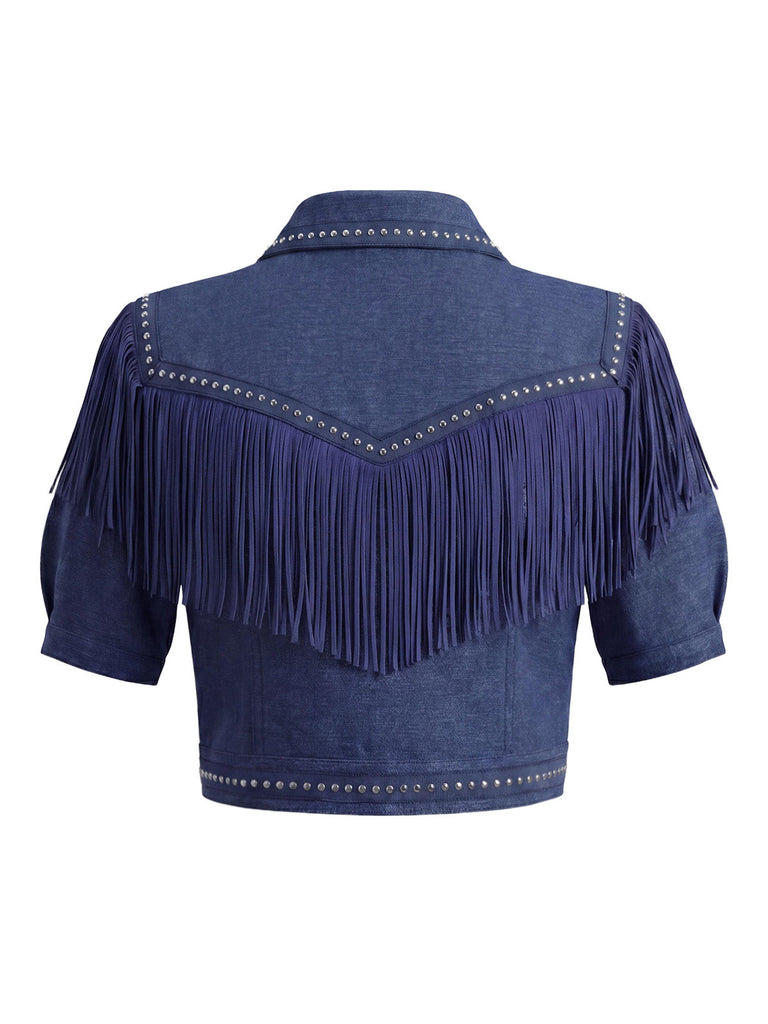 Marineblaue 60er Jeans-Jacke mit Fransen und Nieten