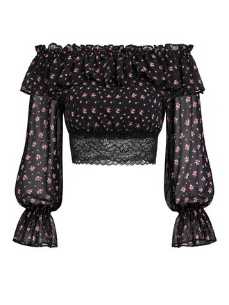 Schwarzes 50er schulterfreies Top mit Streublumen und Spitze