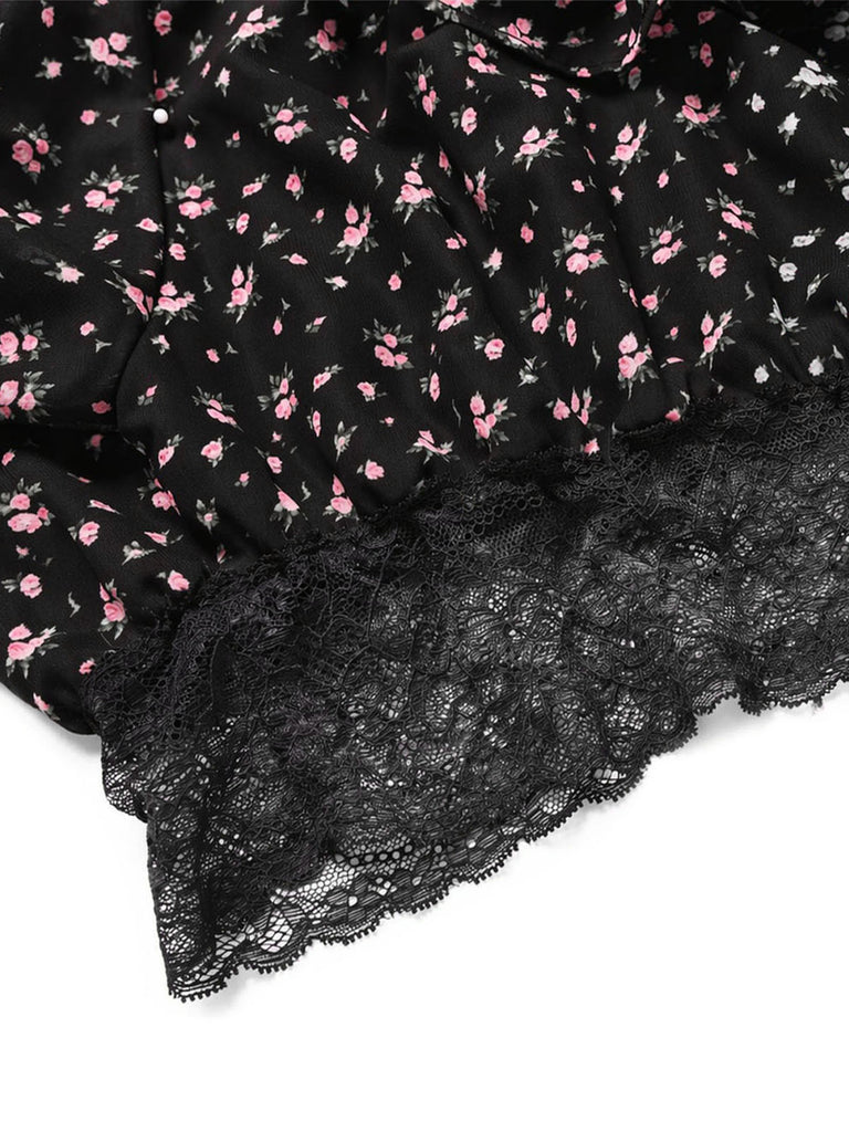 [Vorverkauf] Schwarzes 50er schulterfreies Top mit Streublumen und Spitze