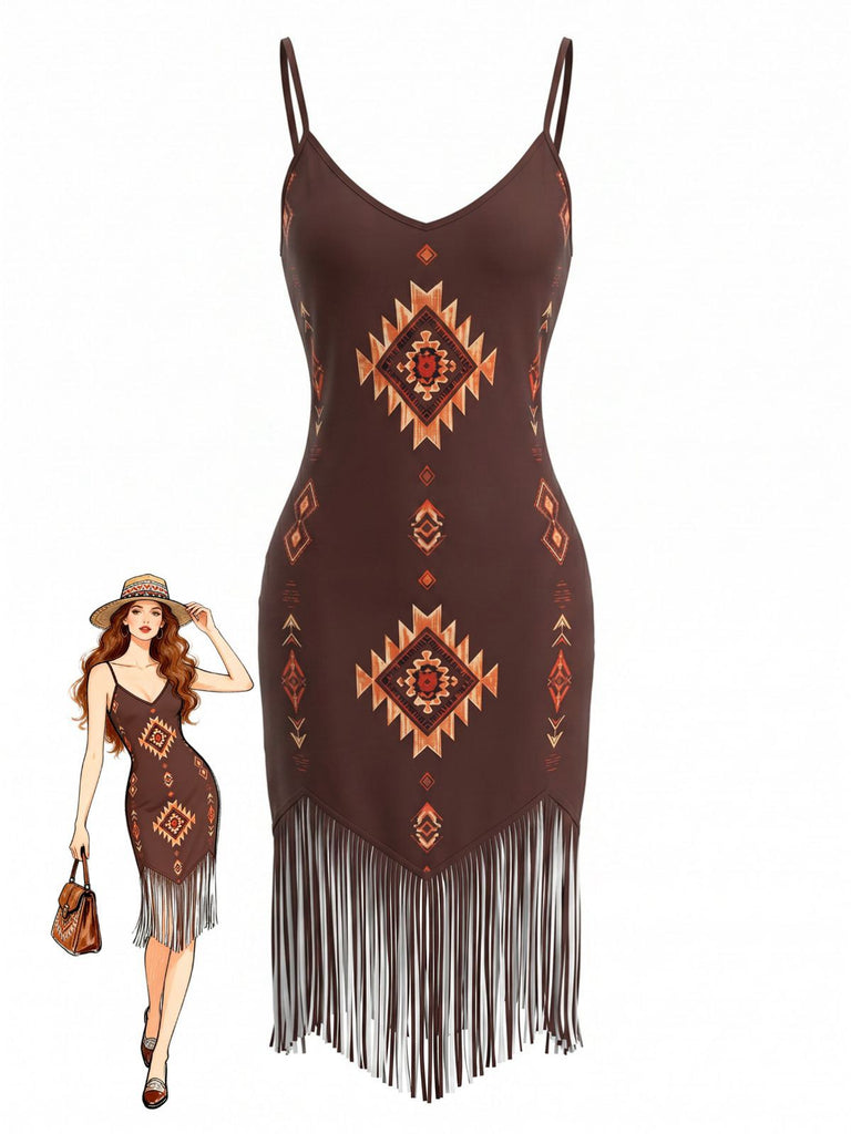 Braunes 70er Boho Kleid mit V-Ausschnitt und Fransen-Saum