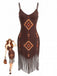 Braunes 70er Boho Kleid mit V-Ausschnitt und Fransen-Saum