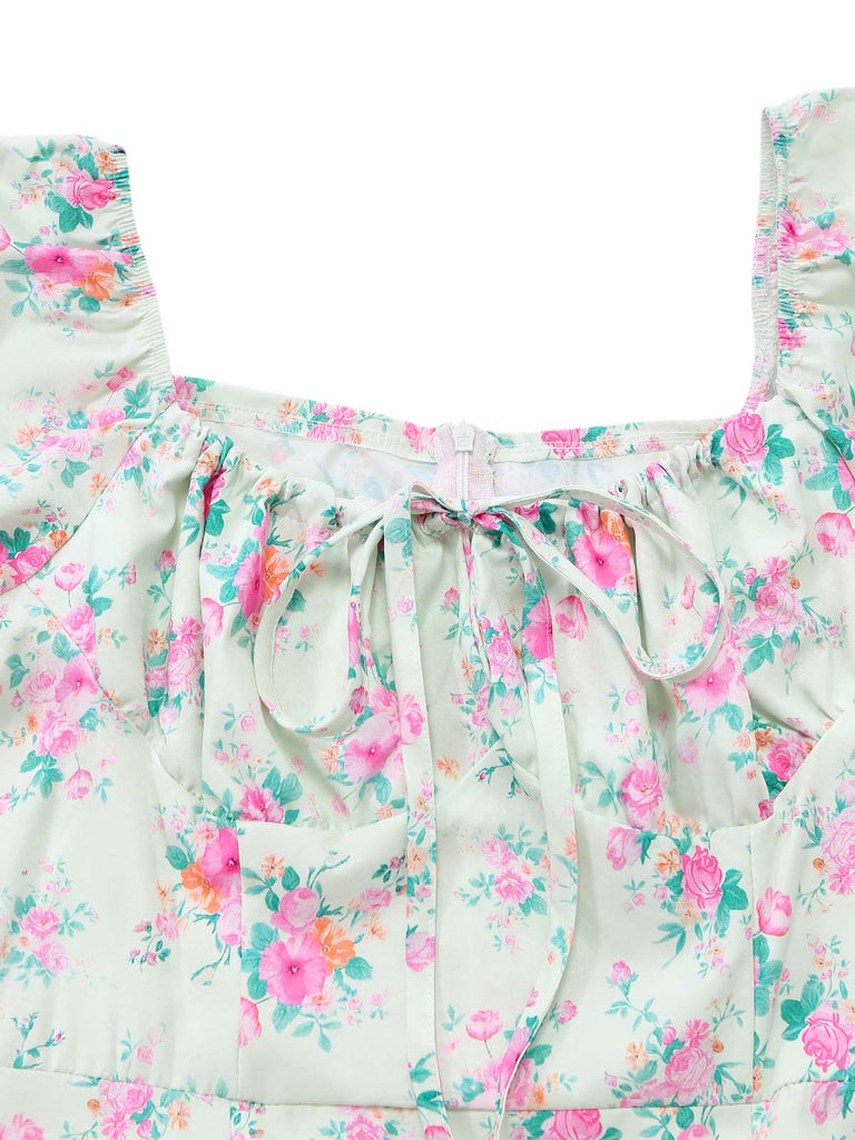 Grünes 50er Kleid mit Streublumen und Puffärmel