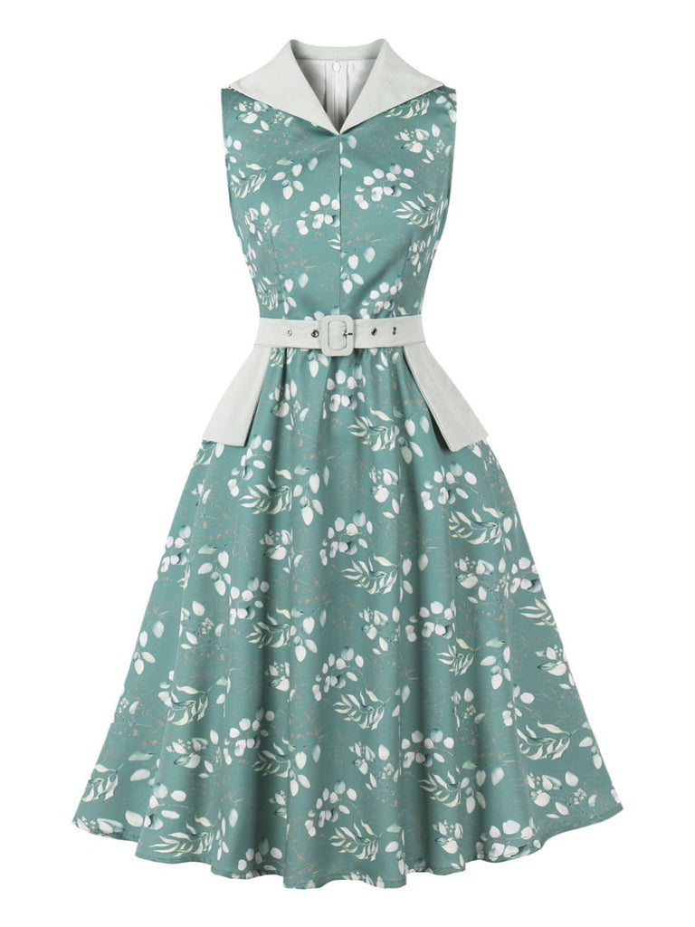 Grünes & Graues 50er Kleid mit V-Ausschnitt und Blumen
