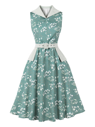 Grünes & Graues 50er Kleid mit V-Ausschnitt und Blumen