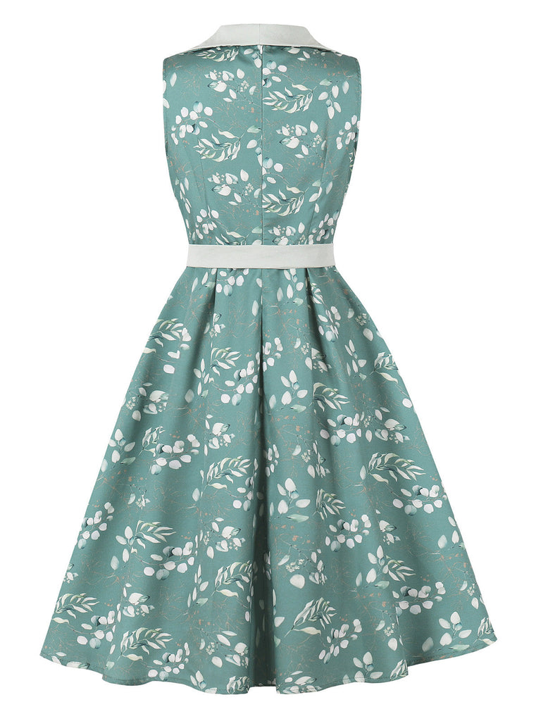 Grünes & Graues 50er Kleid mit V-Ausschnitt und Blumen