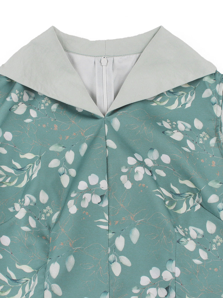 Grünes & Graues 50er Kleid mit V-Ausschnitt und Blumen