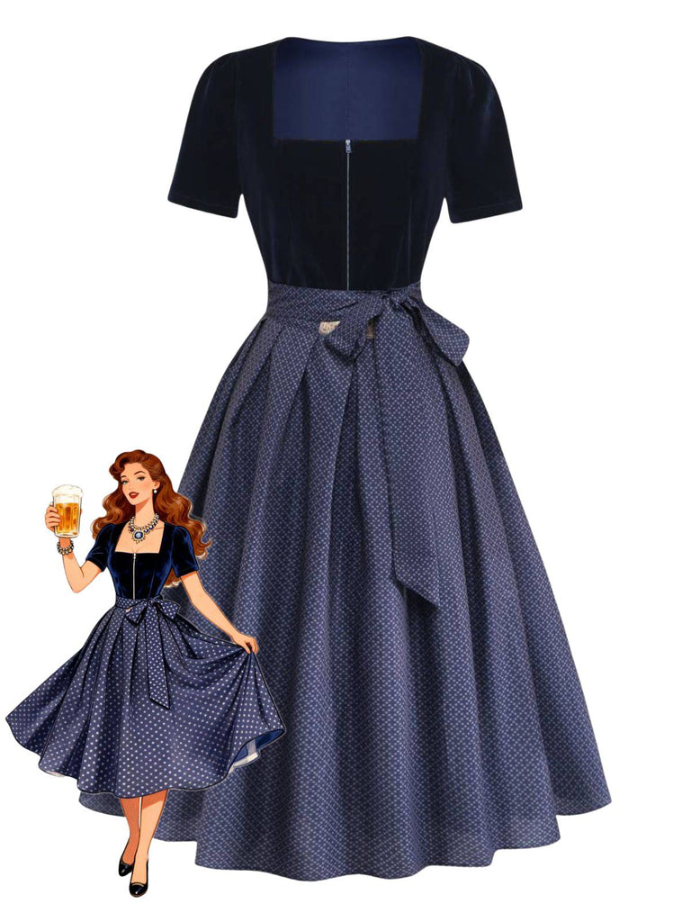 Blaues 50er Kleid mit Eckiger Ausschnitt und Polka-Dots
