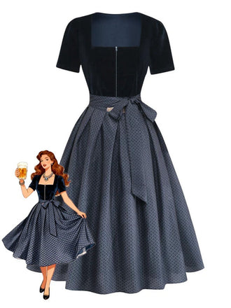 Blaues 50er Oktoberfest-Dirndl-Set mit Samt-Patchwork und Polka-Dot-Schürze